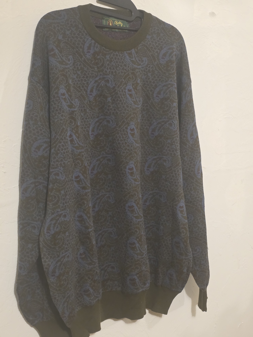 Bobby Jones Olive Green Crewneck Sweater with Blue Paisley Made In Italy